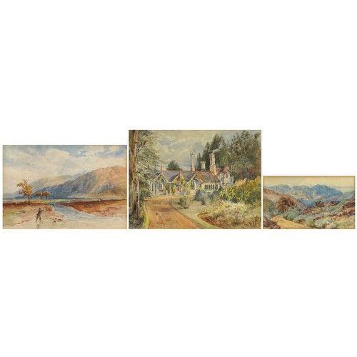 194 - Three 19th century watercolours including an example of a gentleman fishing in a river, each mounted... 