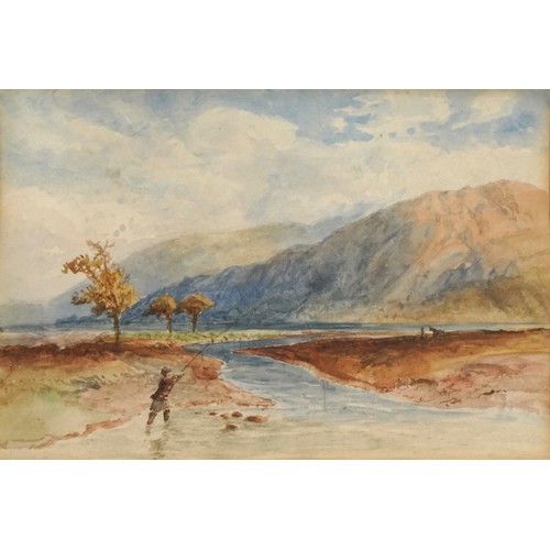 194 - Three 19th century watercolours including an example of a gentleman fishing in a river, each mounted... 