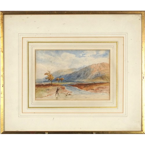 194 - Three 19th century watercolours including an example of a gentleman fishing in a river, each mounted... 