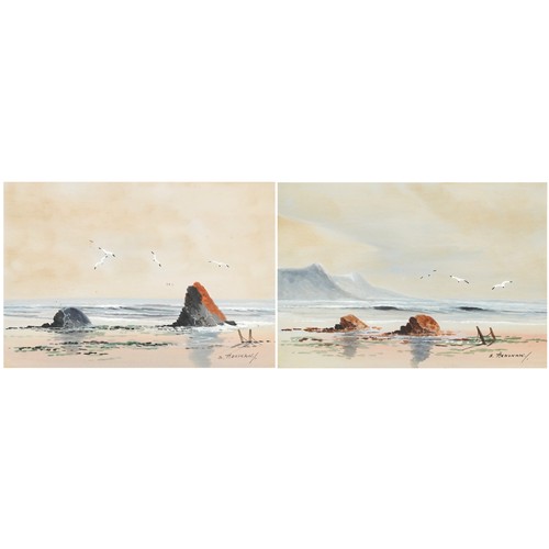 158 - S Henshaw - Coastal scenes, pair of heightened watercolours, mounted, framed and glazed, each 24.5cm... 