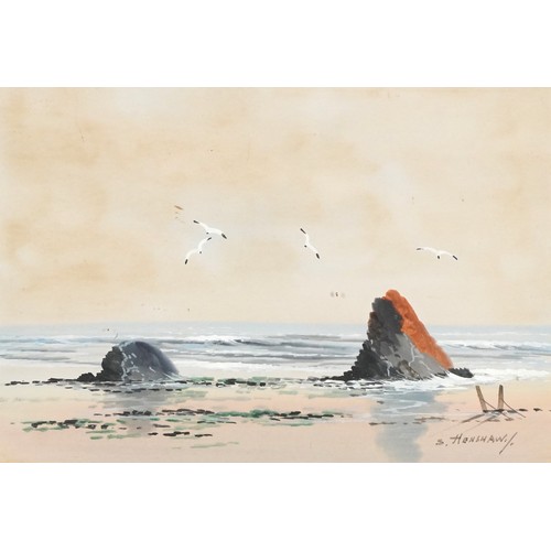 158 - S Henshaw - Coastal scenes, pair of heightened watercolours, mounted, framed and glazed, each 24.5cm... 