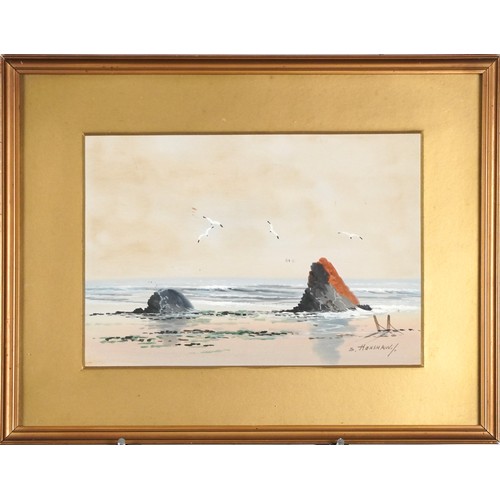 158 - S Henshaw - Coastal scenes, pair of heightened watercolours, mounted, framed and glazed, each 24.5cm... 