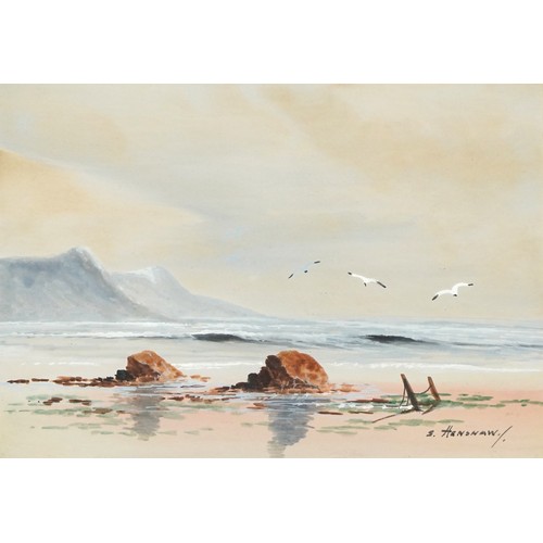 158 - S Henshaw - Coastal scenes, pair of heightened watercolours, mounted, framed and glazed, each 24.5cm... 