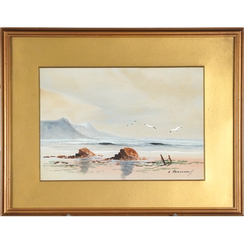 158 - S Henshaw - Coastal scenes, pair of heightened watercolours, mounted, framed and glazed, each 24.5cm... 