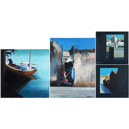 1330 - Fred Whitehead - Hastings fishing boats and huts, four contemporary oil on canvases, unframed, the l... 