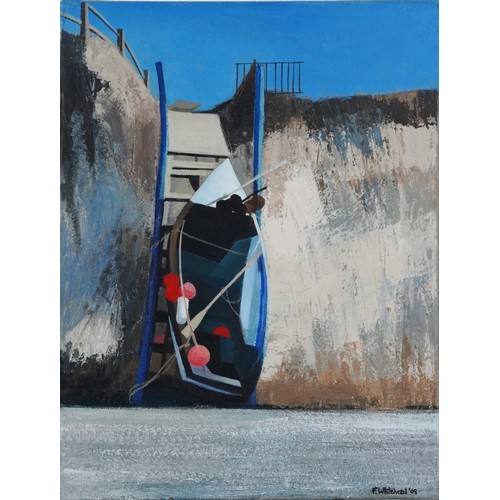 1330 - Fred Whitehead - Hastings fishing boats and huts, four contemporary oil on canvases, unframed, the l... 