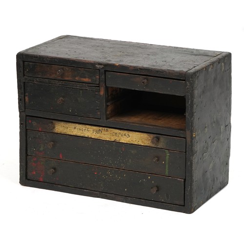 1023 - Early 20th cenutry painted pine tool chest fitted with an arrangement of six drawers, 37cm H x 50cm ... 