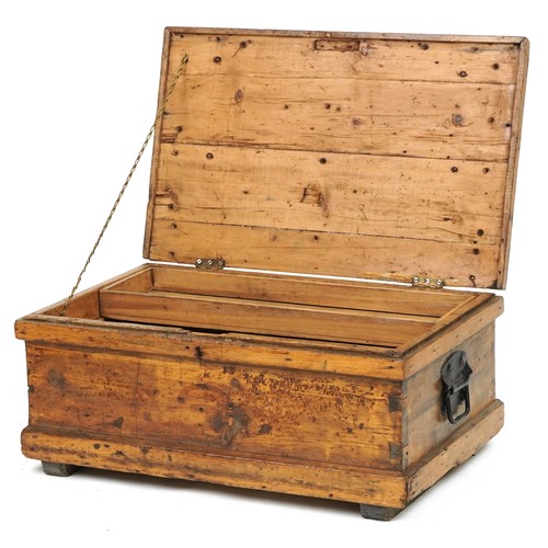 1008 - Victorian waxed pine tool chest with carrying handles, 27cm H x 64.5 W x 40cm D