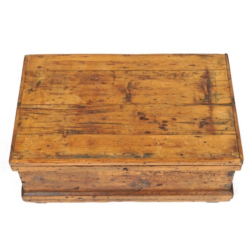 1008 - Victorian waxed pine tool chest with carrying handles, 27cm H x 64.5 W x 40cm D