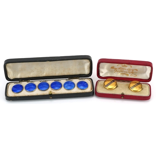 205 - Set of six silver and blue guilloche enamel buttons and a pair of Victorian gilt metal blue enamelle... 