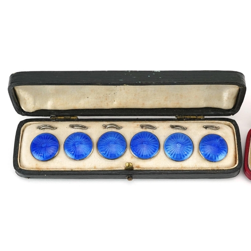 205 - Set of six silver and blue guilloche enamel buttons and a pair of Victorian gilt metal blue enamelle... 