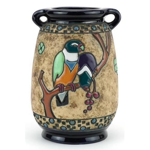 458 - Amphora, Czechoslovakian Art Nouveau vase with twin handles enamelled with two stylised birds on a b... 