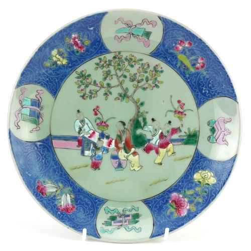 508 - Chinese celadon glazed porcelain plate hand painted in the famille rose palette with a mother and ch... 