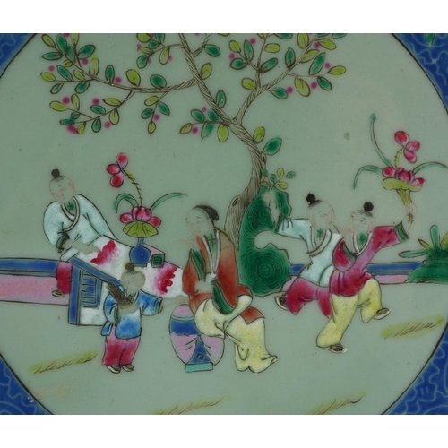 508 - Chinese celadon glazed porcelain plate hand painted in the famille rose palette with a mother and ch... 