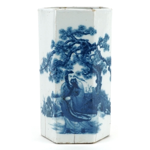 283 - Chinese hexagonal blue and white porcelain vase hand painted with an emperor before a pine tree in a... 