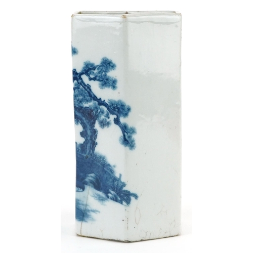 283 - Chinese hexagonal blue and white porcelain vase hand painted with an emperor before a pine tree in a... 