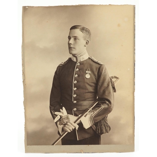 611 - British military World War I three medal group with photograph of soldier in question, comprising a ... 