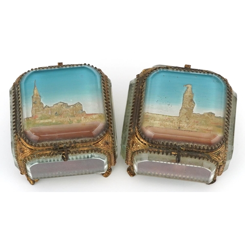 39 - Pair of 19th century Grand Tour jewel caskets with bevelled glass panels and silk button back interi... 