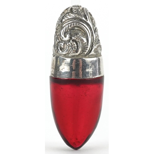 263 - Miller Brothers, Victorian silver and ruby glass scent bottle, Birmingham 1896, 4cm in length, 9.2g