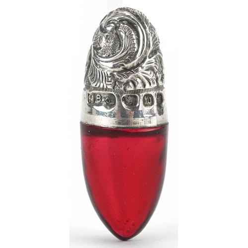 263 - Miller Brothers, Victorian silver and ruby glass scent bottle, Birmingham 1896, 4cm in length, 9.2g