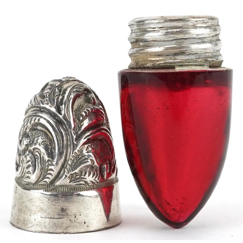 263 - Miller Brothers, Victorian silver and ruby glass scent bottle, Birmingham 1896, 4cm in length, 9.2g