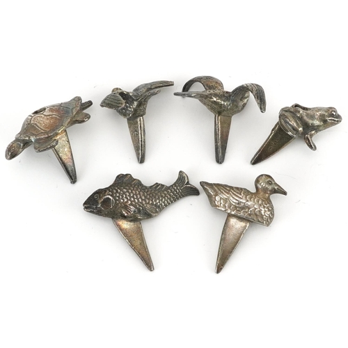 1455 - Set of six silver plated animal design cake candle holders, each approximately 3.5cm high