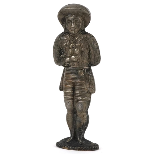 330 - Novelty unmarked silver needle case in the form of a messenger boy, 6cm high, 8.8g