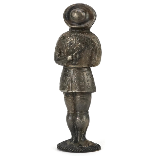 330 - Novelty unmarked silver needle case in the form of a messenger boy, 6cm high, 8.8g