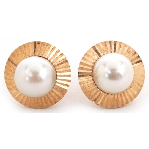 2084 - Pair of 9ct gold cultured pearl stud earrings, 12mm in diameter, 3.0g