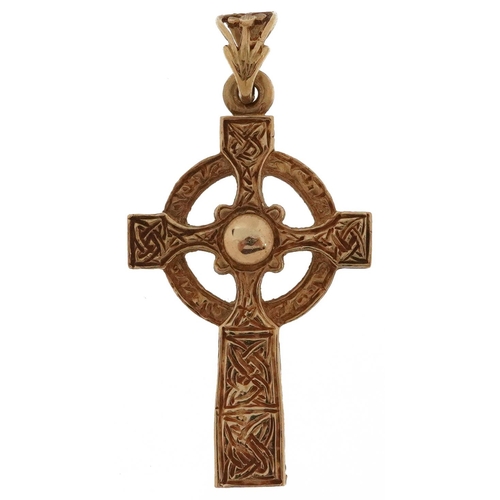 2294 - 9ct gold engraved Celtic cross pendant, 4.5cm high, 5.2g