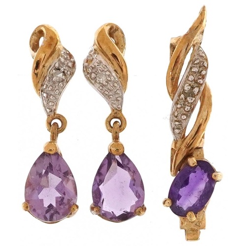 2602 - Pair of unmarked gold and amethyst teardrop earrings and a similar pendant, the earrings, 1.9cm high... 