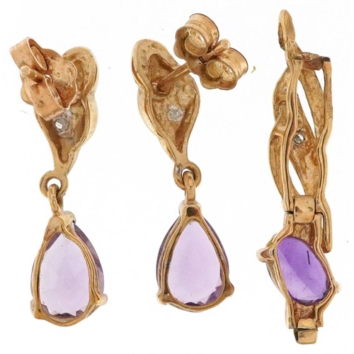 2602 - Pair of unmarked gold and amethyst teardrop earrings and a similar pendant, the earrings, 1.9cm high... 