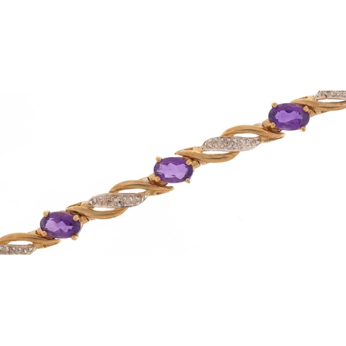 2032 - 9ct two tone gold amethyst and diamond crossover bracelet, 17cm in length, 6.8g