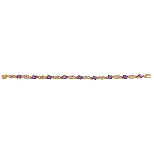 2032 - 9ct two tone gold amethyst and diamond crossover bracelet, 17cm in length, 6.8g