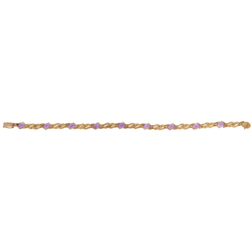 2032 - 9ct two tone gold amethyst and diamond crossover bracelet, 17cm in length, 6.8g