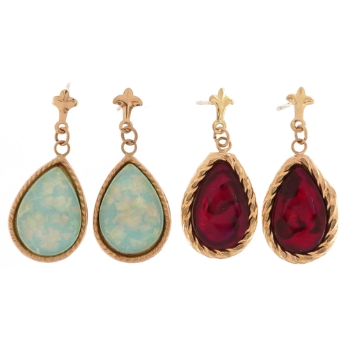 2490 - Two pairs of 9ct gold teardrop earrings including an opalescent pair, 2.6cm high, 2.5g