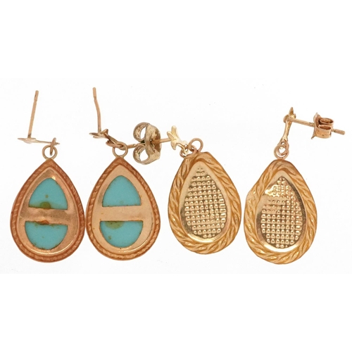 2490 - Two pairs of 9ct gold teardrop earrings including an opalescent pair, 2.6cm high, 2.5g