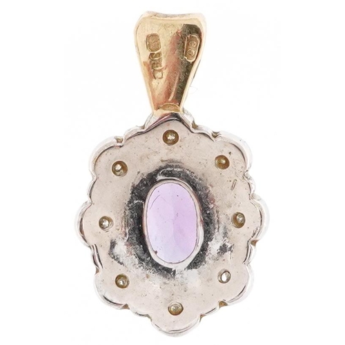 2259 - 9ct two tone gold amethyst and clear stone flower head pendant, 1.7cm high, 1.5g