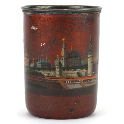 33 - 19th century Russian silver and enamel vodka cup hand painted with a view of The Kremlin, indistinct... 