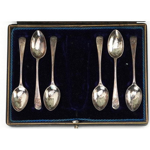 1368 - Set of six Victorian silver teaspoons housed in a velvet and silk lined fitted case, I.E & S maker's... 