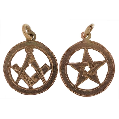 2690 - Two unmarked gold masonic charms, each tests as 9ct gold, each 1.1cm in diameter, total 1.0g