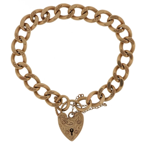 2046 - 9ct gold engraved curb link charm bracelet with 9ct gold love heart padlock, 20cm in length, 40.0g