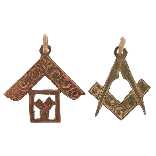 2478 - Two unmarked gold masonic charms, each tests as 9ct gold, the largest 1.4cm high, total 0.8g