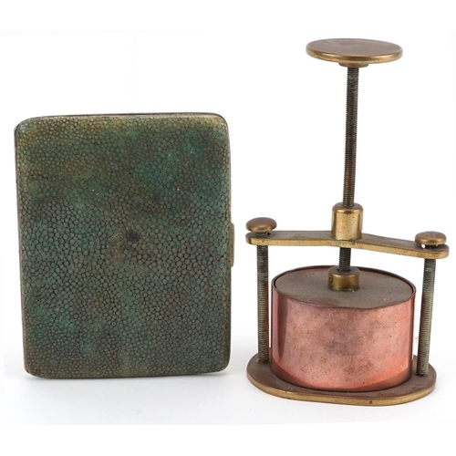 400 - Art Deco shagreen cigarette case and a copper and brass flower press, the largest 12cm high