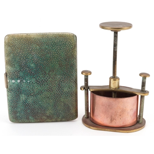 400 - Art Deco shagreen cigarette case and a copper and brass flower press, the largest 12cm high