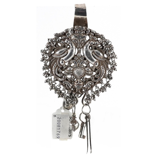 262 - 19th century Indian unmarked silver chatelaine hanger with drops, pierced and finely cast with two m... 