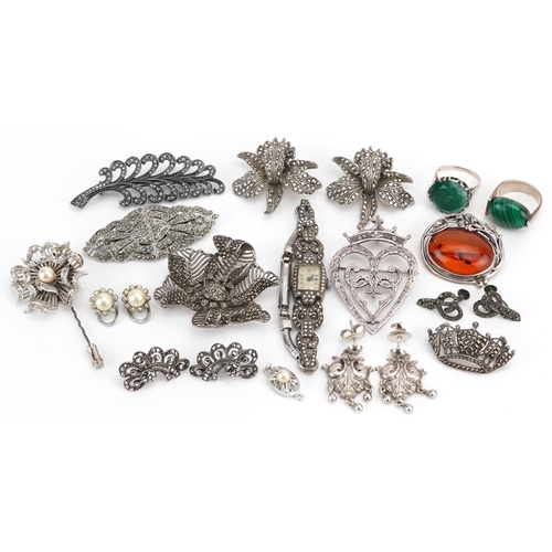 2751 - Vintage and later silver and white metal jewellery including marcasite floral brooches, Merchant Nav... 