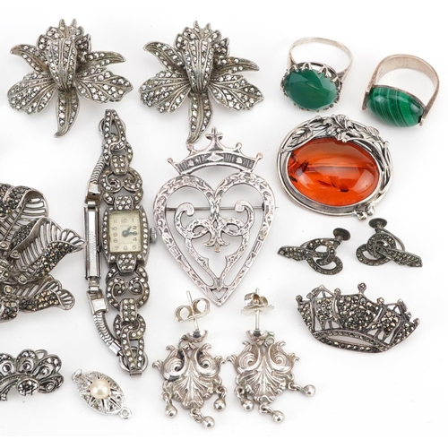 2751 - Vintage and later silver and white metal jewellery including marcasite floral brooches, Merchant Nav... 