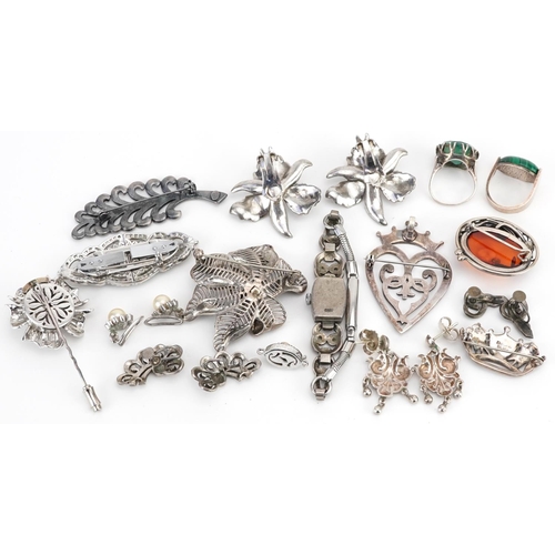 2751 - Vintage and later silver and white metal jewellery including marcasite floral brooches, Merchant Nav... 