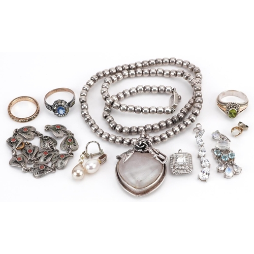 2741 - Vintage and later costume jewellery, some silver, including filigree bracelet set with coral cabocho... 